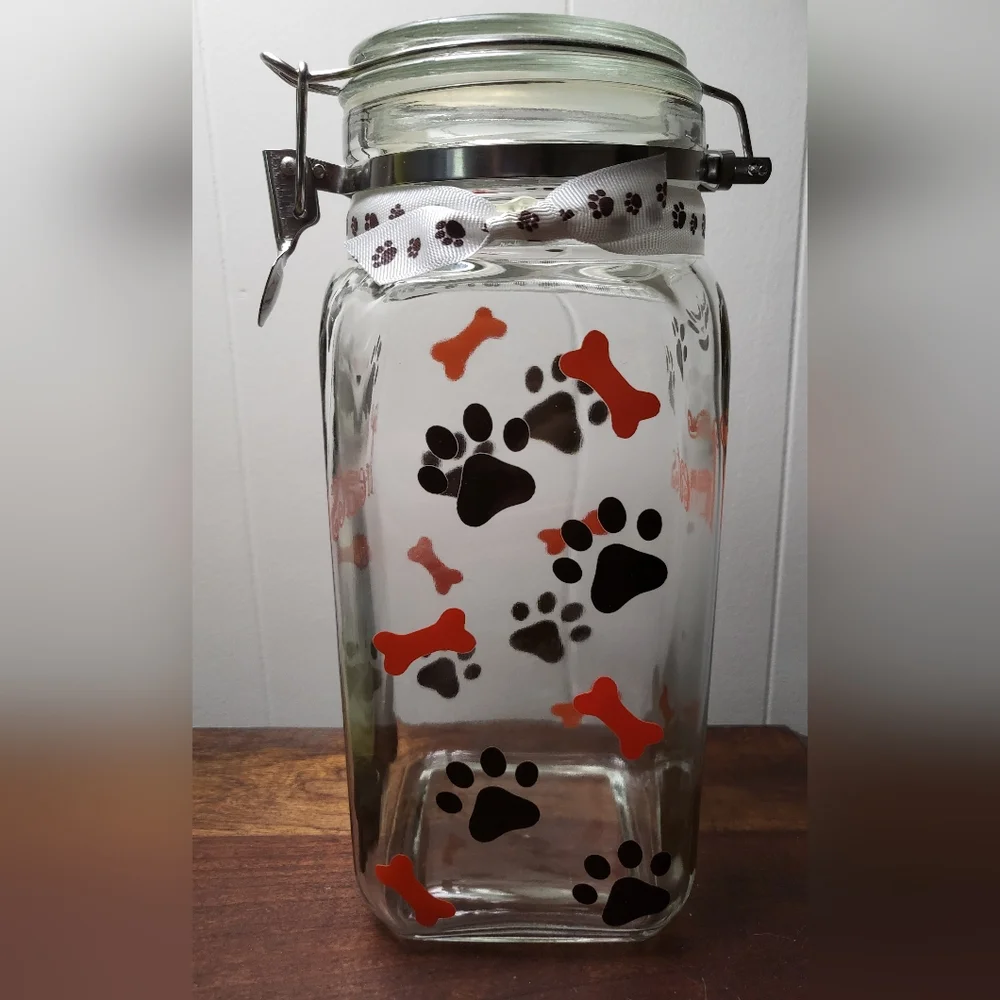 Dog Treat Jar with Black Paw Prints, White Ribbon, Letters 